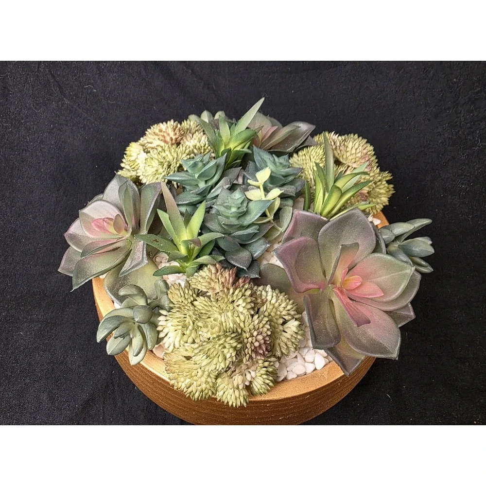 Artificial Succulent‎ Arrangement in Gold Metallic Ceramic Bowl Faux Centerpiece